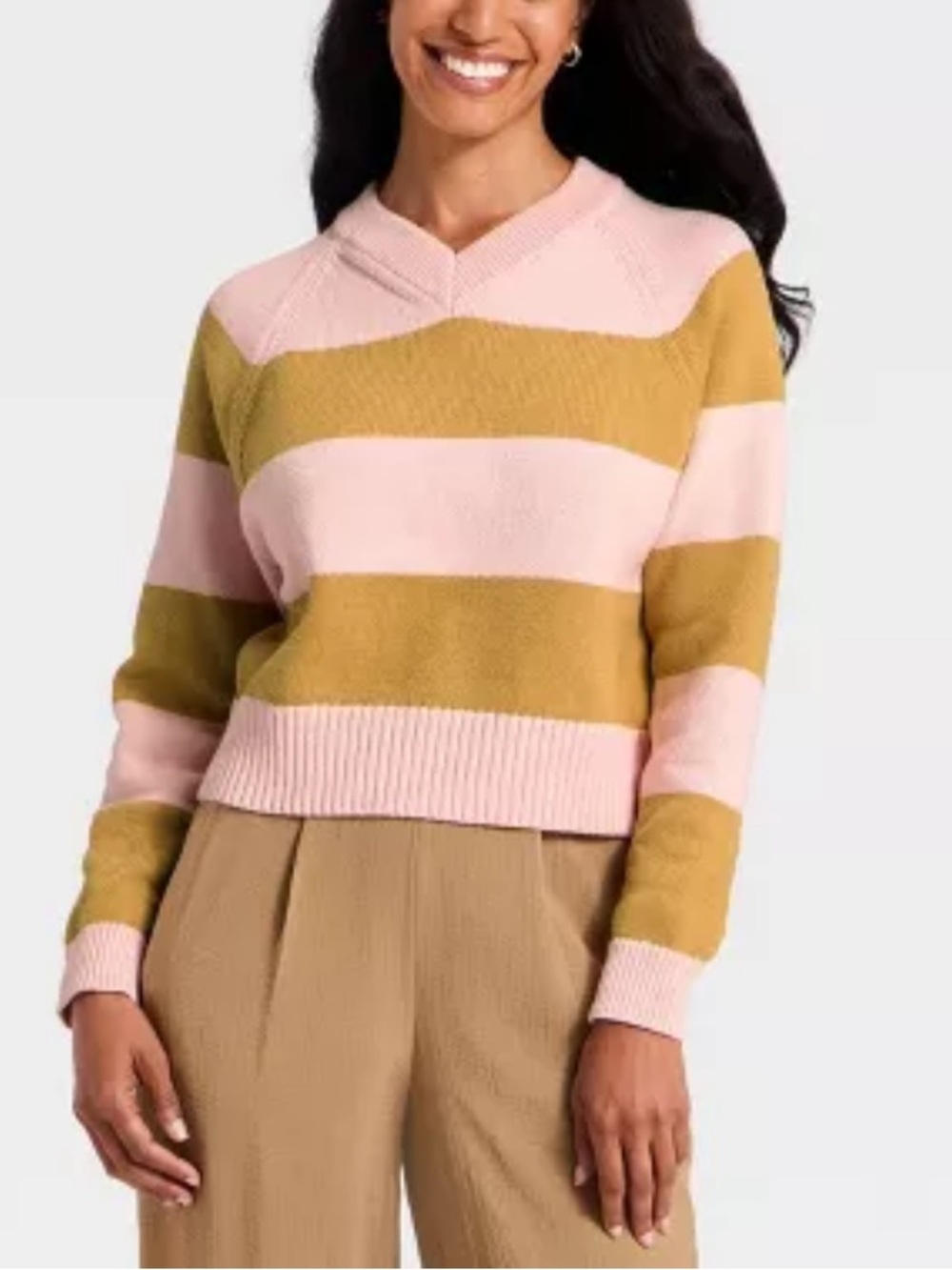 A New Day Women's Long Sleeve High V-Neck Pullover Sweater Pink/Brown XL